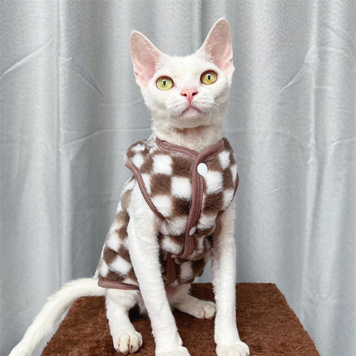Sphynx Faux Fur Cardigan Checker Fleece Sphynx Cat Clothes In Brown Color