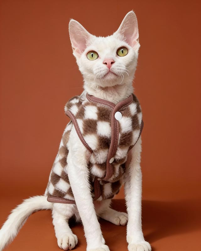 Sphynx Faux Fur Cardigan Checker Fleece Sphynx Cat Clothes In Brown Color