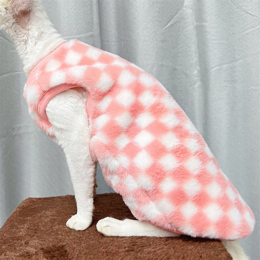 Checker Fleece Sphynx Cat Clothes Sphynx Faux Fur Cardigan In Pink Color