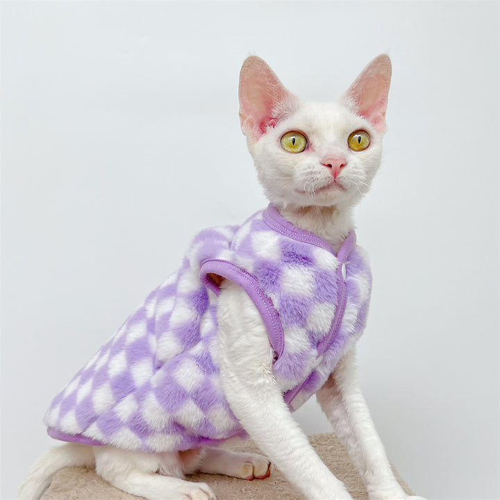 Checker Fleece Sphynx Cat Clothes Sphynx Faux Fur Cardigan In Purple Color