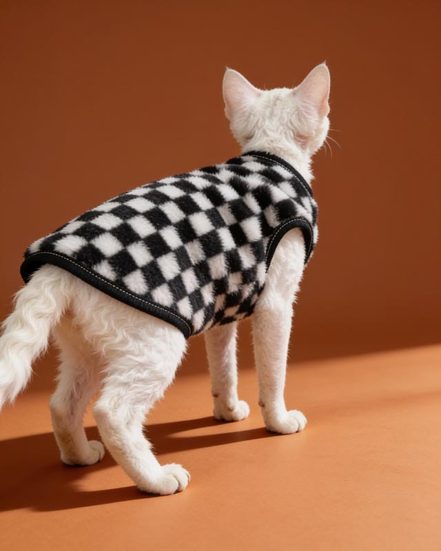 Sphynx Faux Fur Cardigan Checker Fleece Sphynx Cat Clothes In Black Color