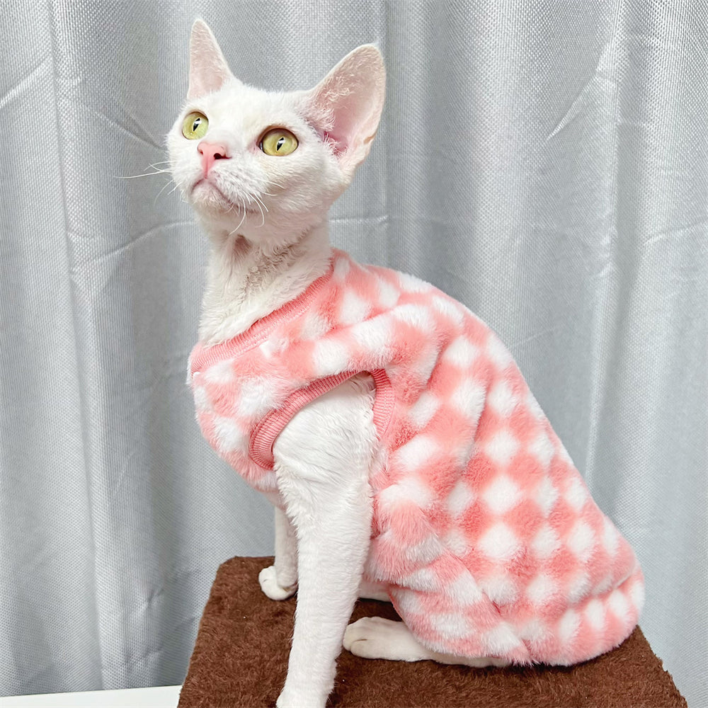 Sphynx Faux Fur Cardigan Checker Fleece Sphynx Cat Clothes In Pink Color