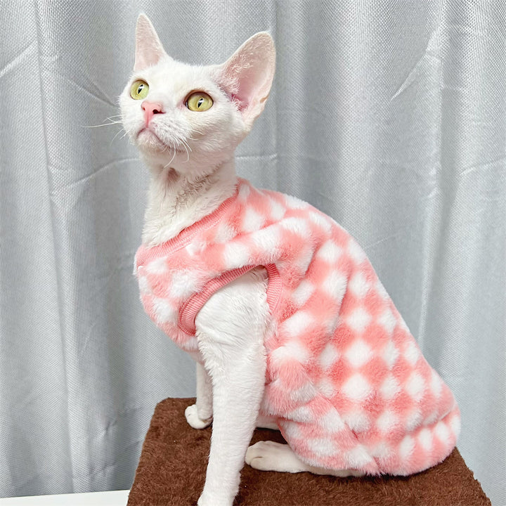 Sphynx Faux Fur Cardigan Checker Fleece Sphynx Cat Clothes In Pink Color