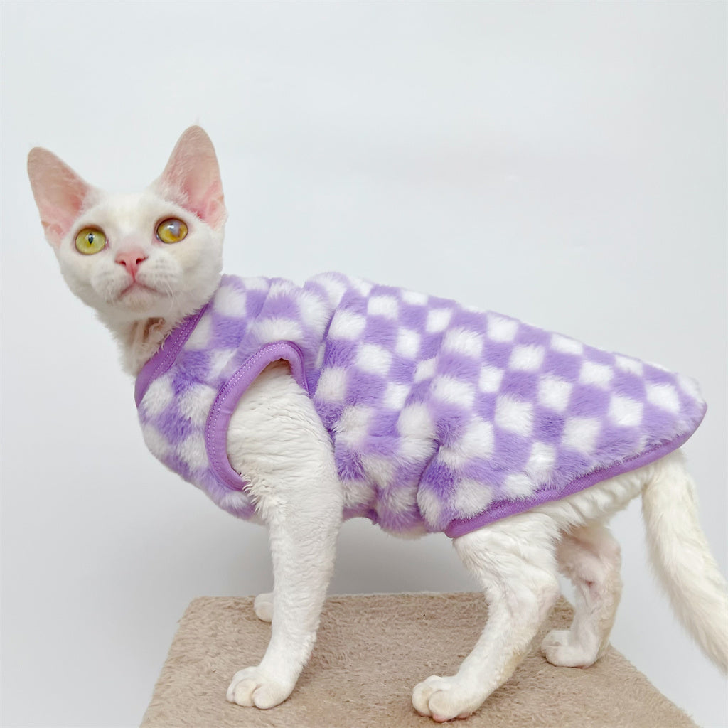 Sphynx Faux Fur Cardigan Checker Fleece Sphynx Cat Clothes In Purple Color