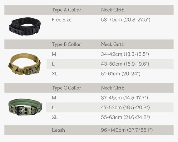 Tactical Dog Collar and Dog Leash K9 Gear Size Chart