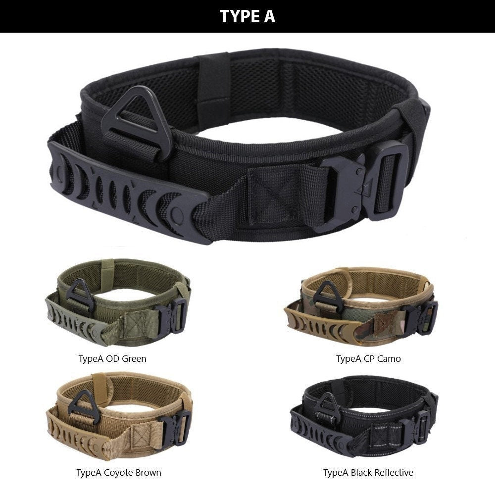 Tactical Dog Collar Type A Black, OD Green, Coyote Brown, Black Reflective, CP Camo