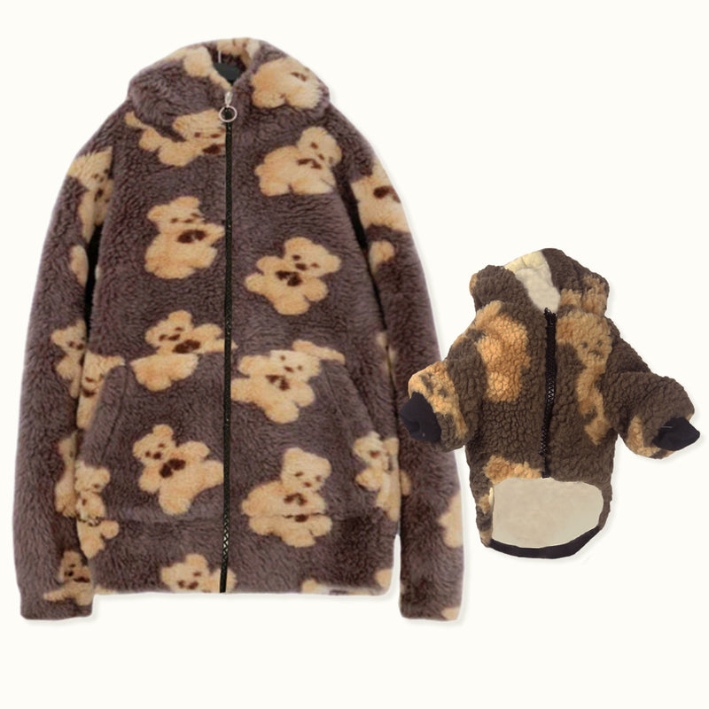 teddy print fleece dog human matching hoodies for cold weather or winter